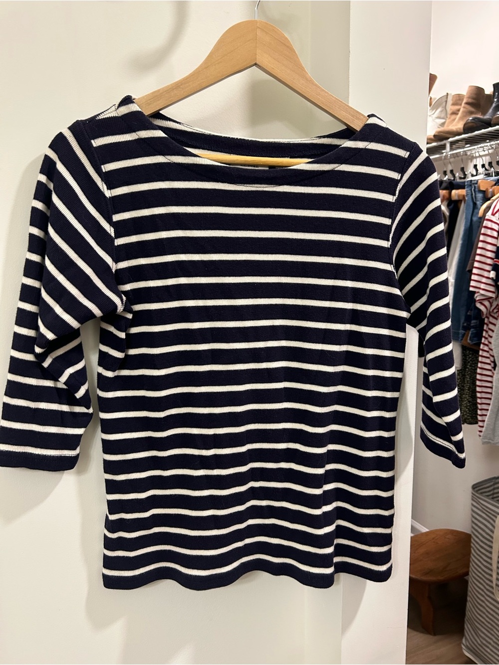 L.L Bean 100% Cotton Striped Navy and White Boatneck Women's Top